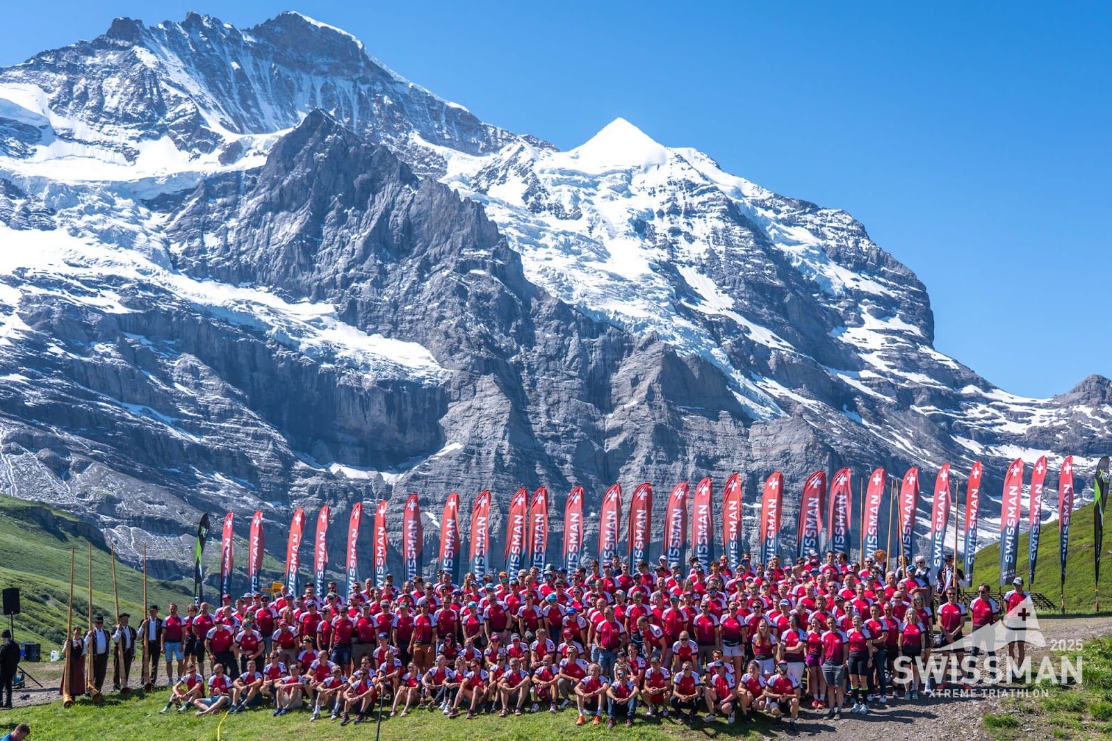 Swissman Xtreme Triathlon swim start beneath the Eiger, Mönch and Jungfrau